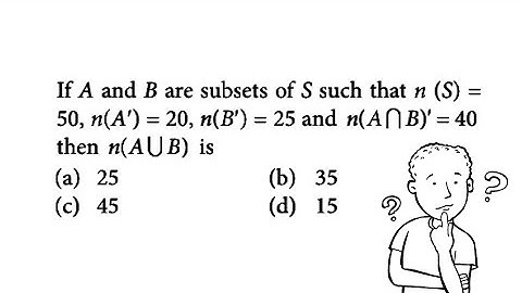 A and B are subsets of S such that n (S) =50, n(A’) = 20, n(B’) = 25 and n(A ∩ B)’ =40 then n(AUB)