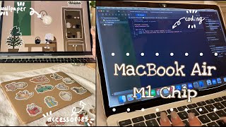MacBook Air M1 + accessories unboxing + case decorations 🐻🤎