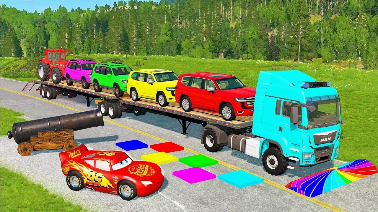 Five Flatbed Trailer McQueen Transportation with Truck - Speedbumps vs Cars vs Train - BeamNG #285