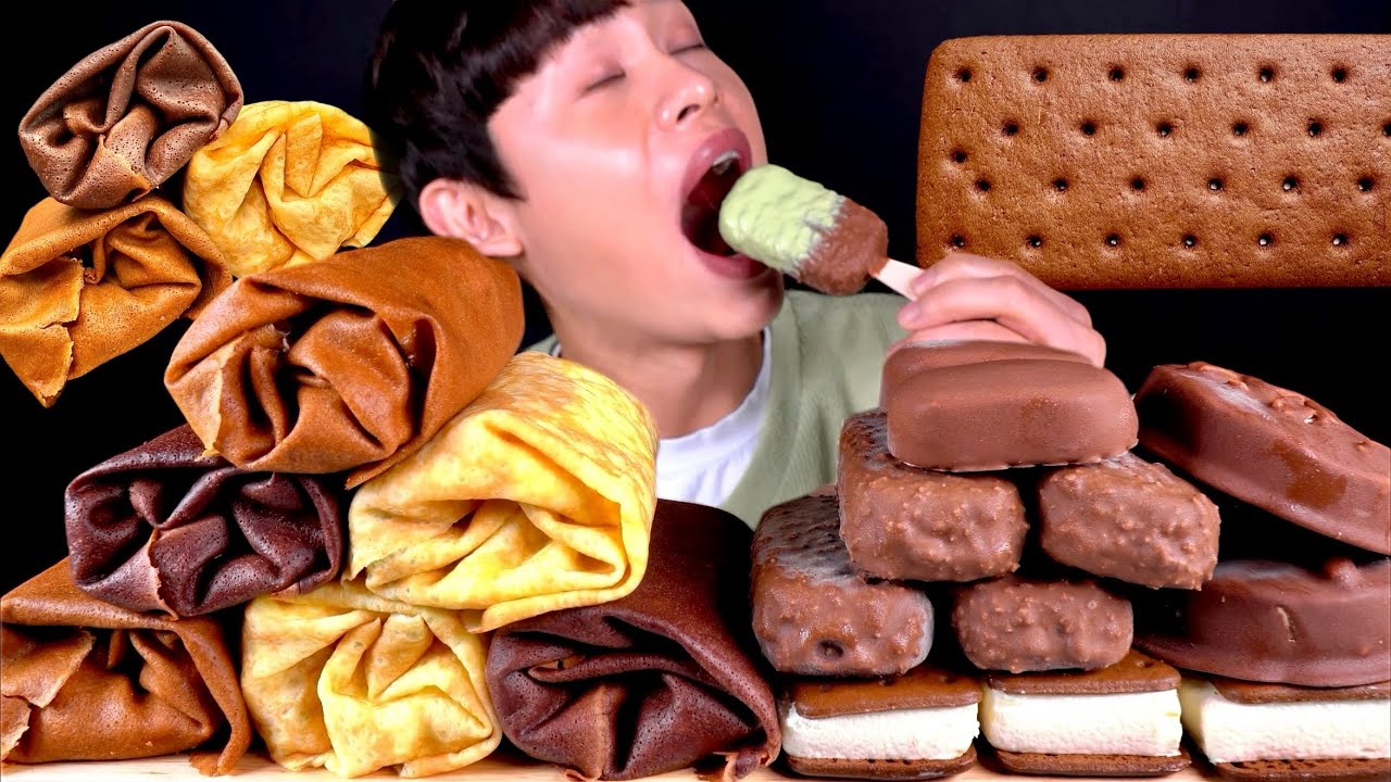 ASMR 커스터드 바닐라 피스타치오 쇼콜라 쿠키 카페오레 수건케이크 초콜릿 아이스크림 먹방~! Towel Cakes With Chocolate Ice Cream MuKBang~!