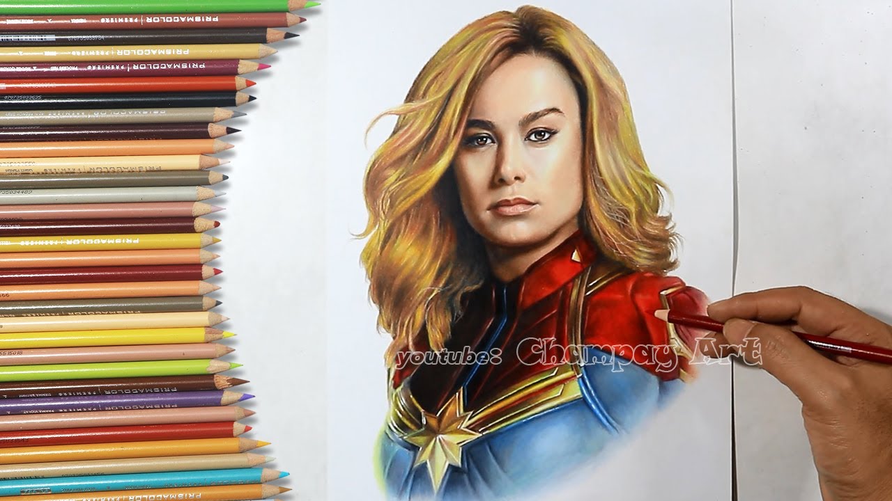 Drawing Portrait Captain Marvel Prismacolor Colored Pencils | Brie Larson