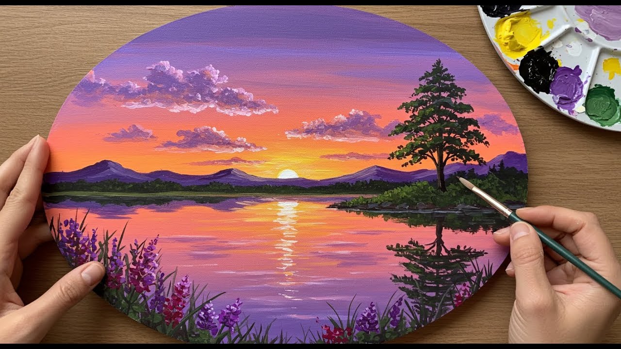 Sunset Lake Acrylic Painting Easy Landscape Tutorial for Beginners ...