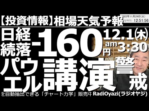 【相場天気予報(総合投資情報)】日経平均－160円続落！12月１日(木)パウエル講演、２日(金)雇用統計を警戒せよ！　ビッグイベントが接近する中、日経平均は軟調だ。今どこに投資チャンスがあるか、探る。