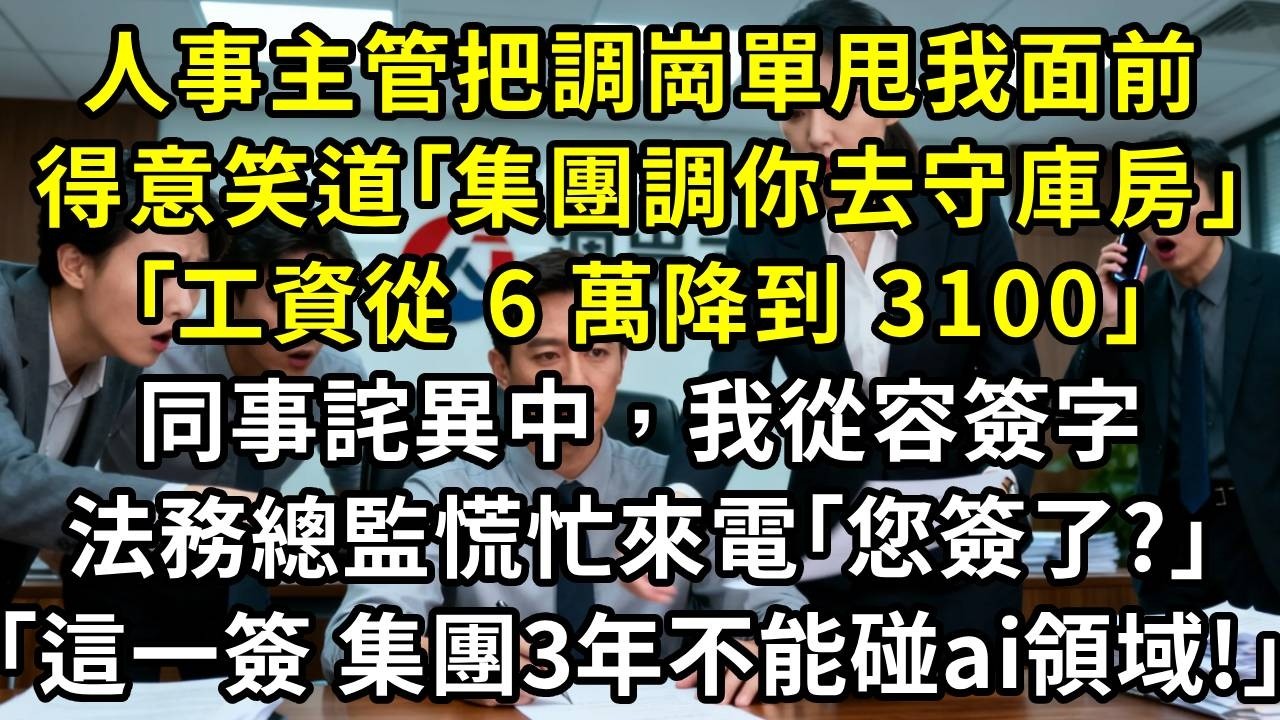 人事主管把調崗單甩我面前，得意笑道：「集團調你去守庫房，工資從 6 萬降到 3100」，同事詫異中，我從容簽字。法務總監慌忙來電，聲音顫抖：「您簽了？您這一簽，集團三年不能碰人工智能領域！」