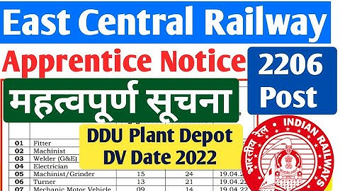 East Central Railway Apprentice 2206 Apprentice Result, DV 2022, ECR DDU Plant Depot DV 2022