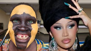 Cardi B 😳 Unbelievable Met Gala 2024 Makeup & Gele Tutorial / Fair Makeup On Dark Skin Girl 😱🔥✂️💉