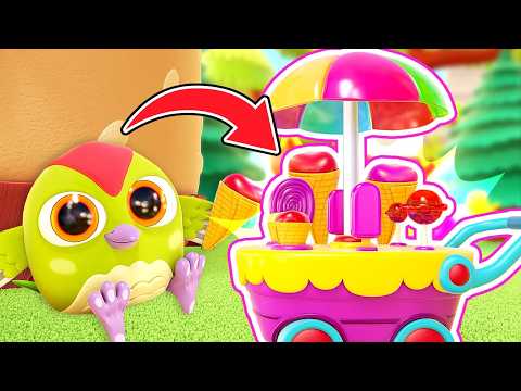 Peck Peck dan Hop Hop bermain dengan gerobak es krim dan perosotan mainan. Kartun anak-anak
