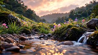 Sunset Meadow Stream | Calming Water & Birdsong for Sleep, Study & Focus