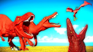 Red Big Dinosaurs Fighting in Jurassic World Evolution 2 , T-Rex vs Mosasaurus vs Tropeognathus