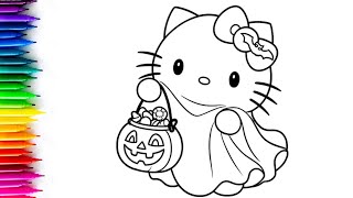 Hello Kitty Ghost Holding Pumpkin Drawing, Painting & Colouring For Kids And Toddlers Child Art