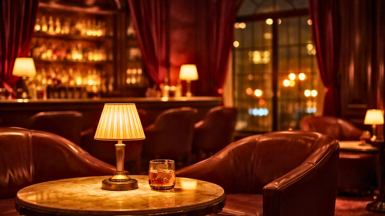 Vintage Jazz in a Velvet Lounge — Rainy Night Hotel Bar Ambience