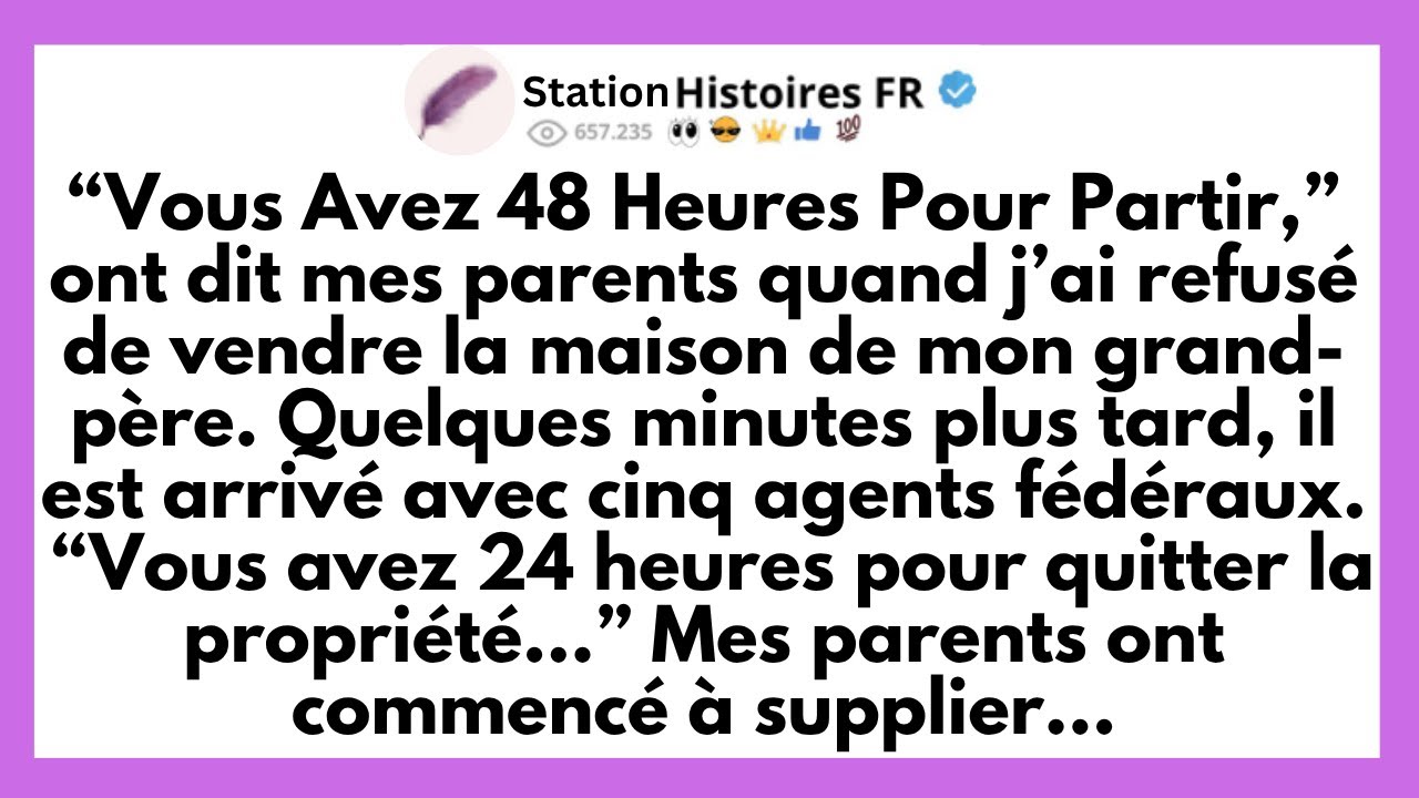 J'ai 32 ans et je viens de donner 48 heures à mes propres parents pour quitter la maison que mon grand-père m'a léguée. Ils ont emménagé sans demander, puis ont essayé de me forcer à vendre à un...