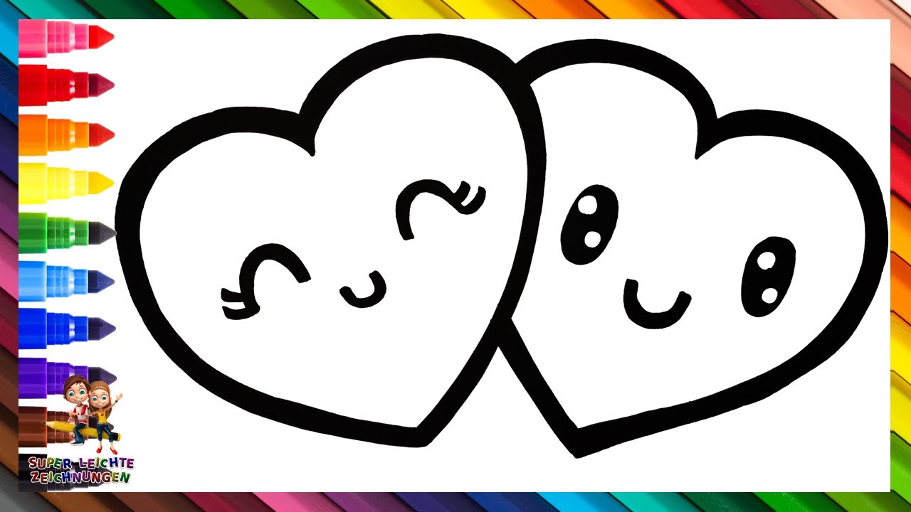 Zeichnen und Ausmalen von zwei verliebten Herzen 💕🌈 Zeichnungen für Kinder