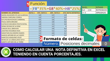 COMO CALCULAR UNA  NOTA DEFINITIVA EN EXCEL TENIENDO EN CUENTA PORCENTAJES.
