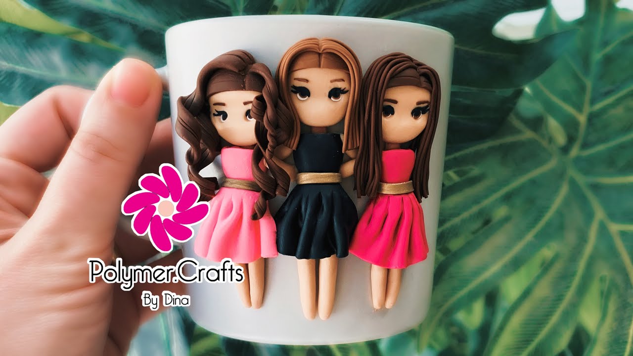 English subs! Polymer clay mother and 2 daughters on a mug - أم و بناتها على ماج بالصلصال الحراري