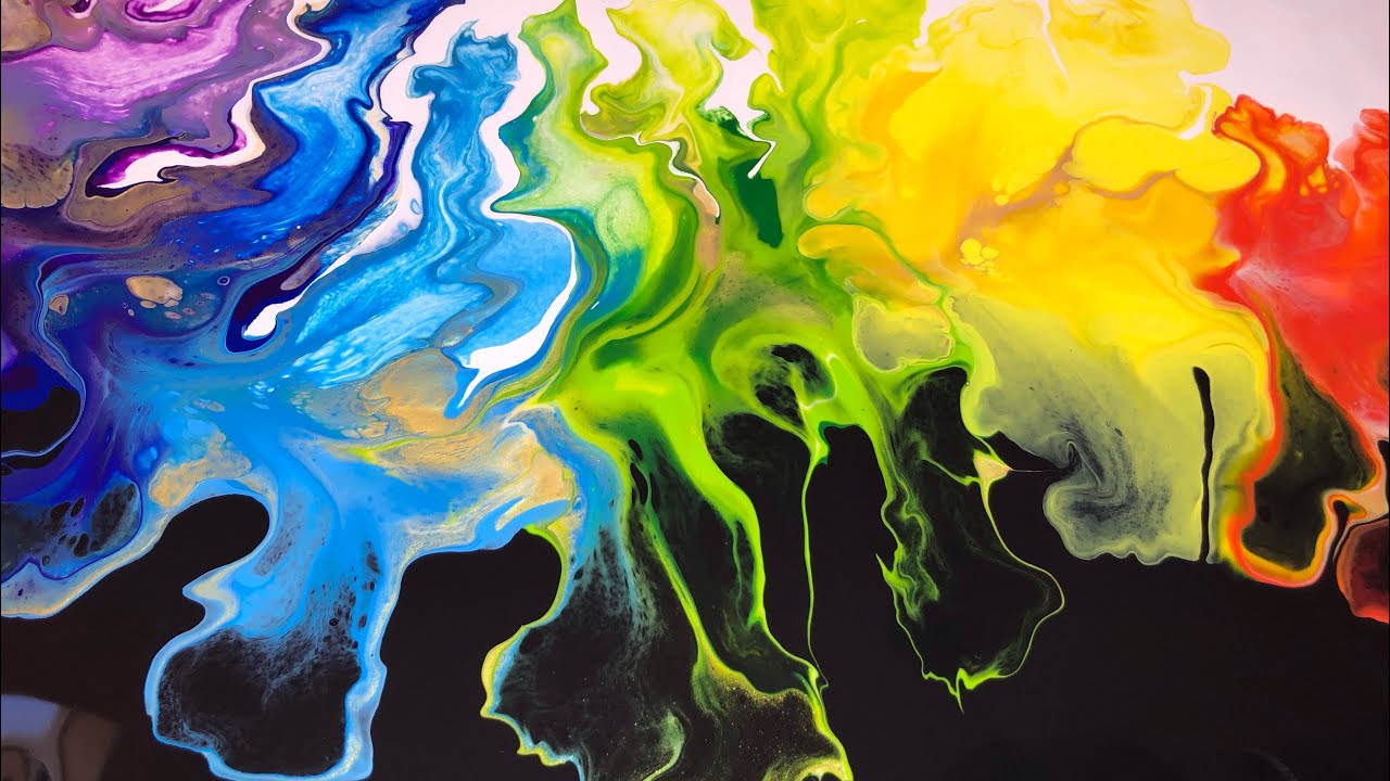 #42 Ying Yang Rainbow 🌈 Colors Pour Painting | Black & White Split Base |  Acrylic Fluid Art