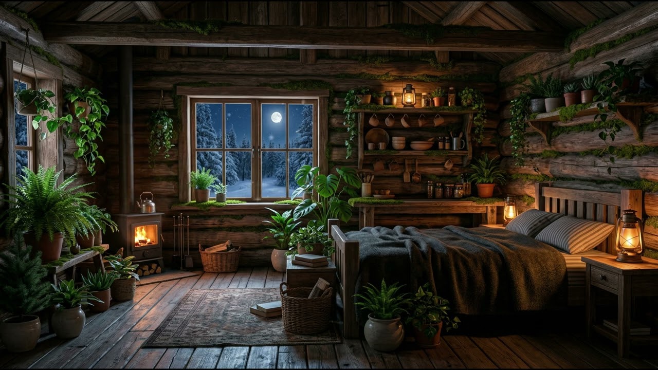 Winter Night Cabin for Deep Rest – Warm Lantern Glow, Moonlit Silence & Cozy Wooden Ambience