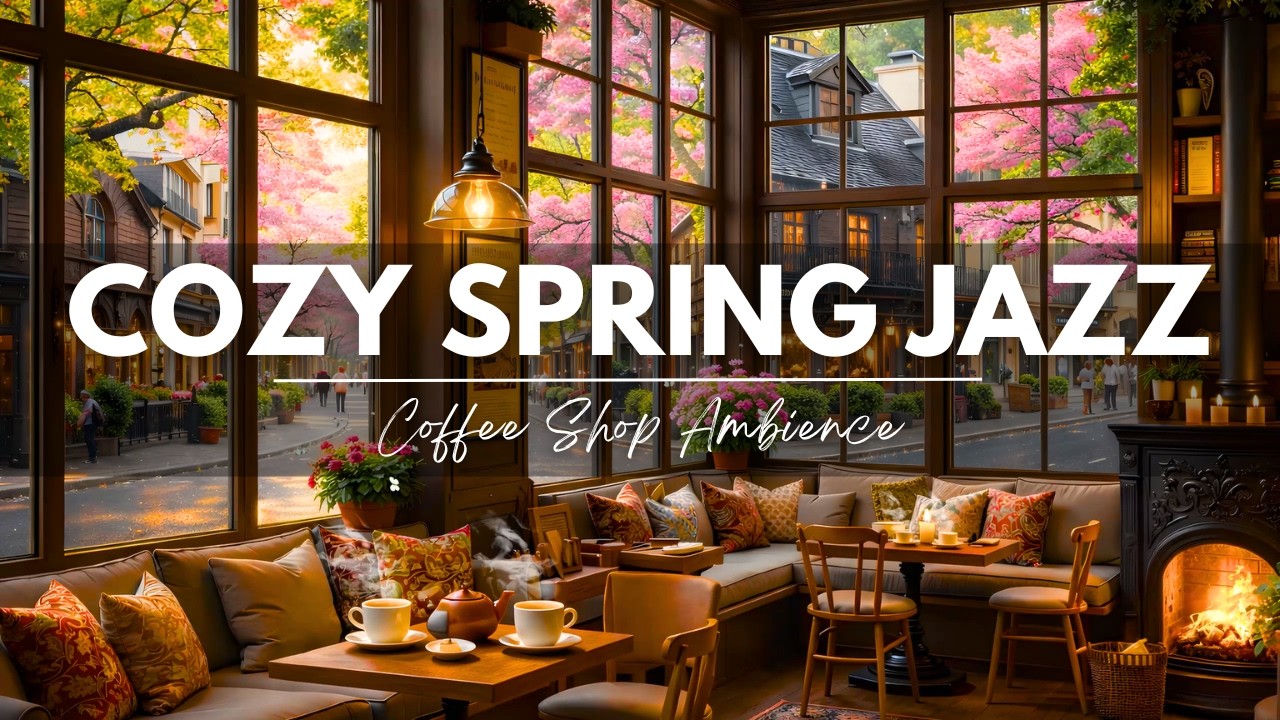 Cozy Coffee Shop on Spring Day ☕ Smooth Jazz & Fireplace Ambience for Reading and Relax
