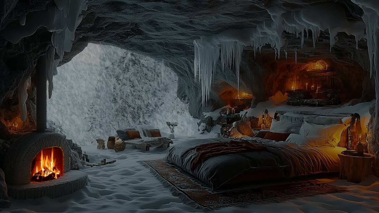 Sleeping Alone in a Cave During a Snowstorm | Exploring Winter Nature | ASMR Fireplace Sounds