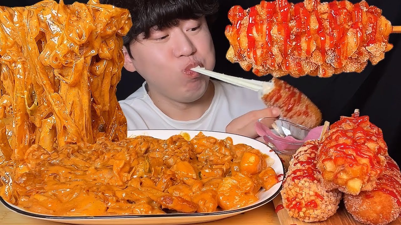 SUB) Корейская еда розе чжчмдак (тушеная курица) и сырный корн-дог мукбанг asmr