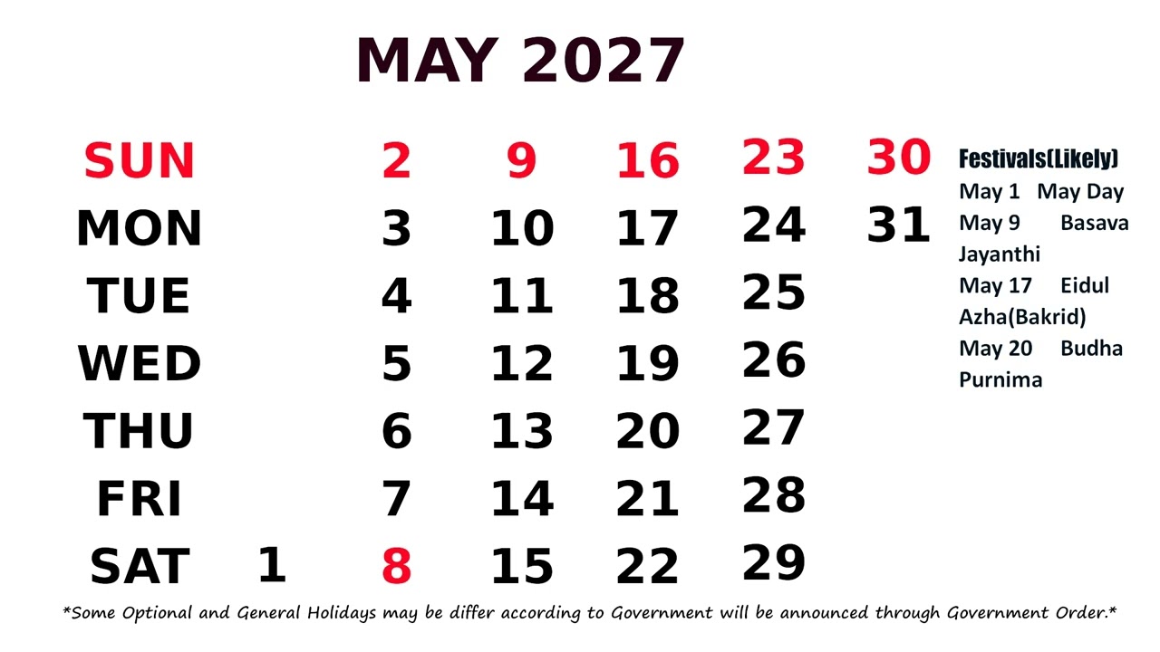 May Calendar 2027