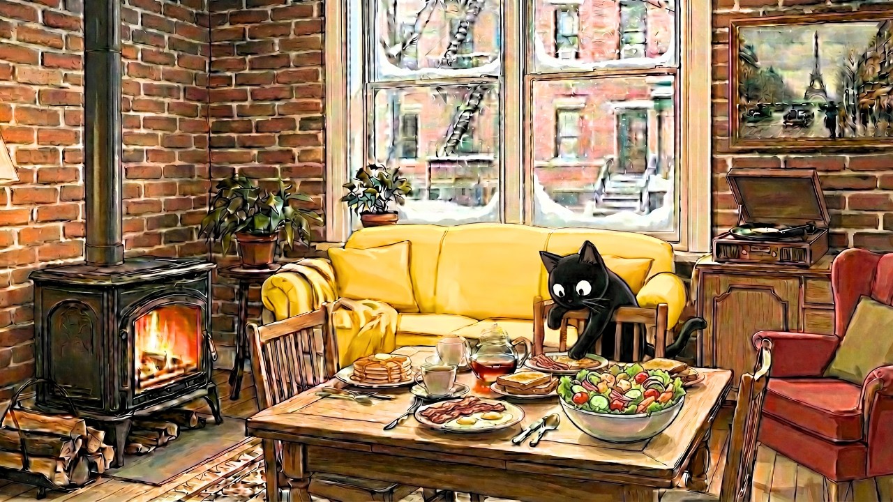 Peaceful 1940s Paris Jazz playing in a snowy kitchen ☕ Vintage music for a cozy morning ritual 3h