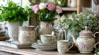 French Country Spring Kitchen Styling Ideas with Florals, Ceramics, and Rustic Charm!