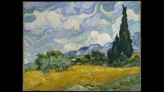 A painting of a wheat field with trees and clouds in the background