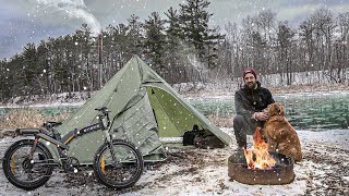 WINTER BIKE CAMPING with my Dog! Hot Tent by a River