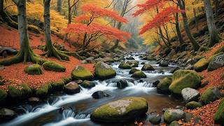 Autumn ambiance in the forest, with birds chirping and Flowing Water