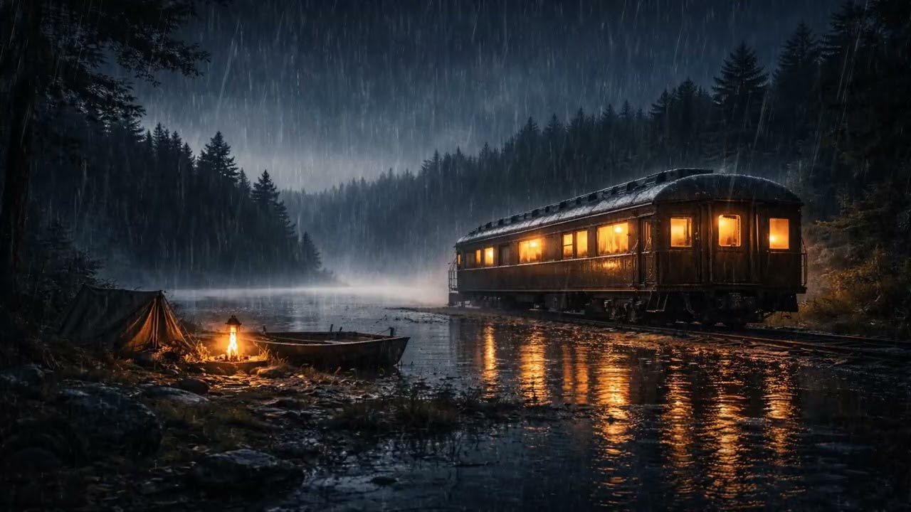 Rain Ambience | Fishing Lake Train Sleeper Night – Gentle Rain