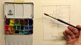 Colorful Tulips in Vase on Striped Tablecloth Watercolor Painting   with Chris Petri
