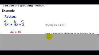 Section 8-6 Example 1 Factoring a Quadratic Trinomial when a _ 1 (AC Factoring)