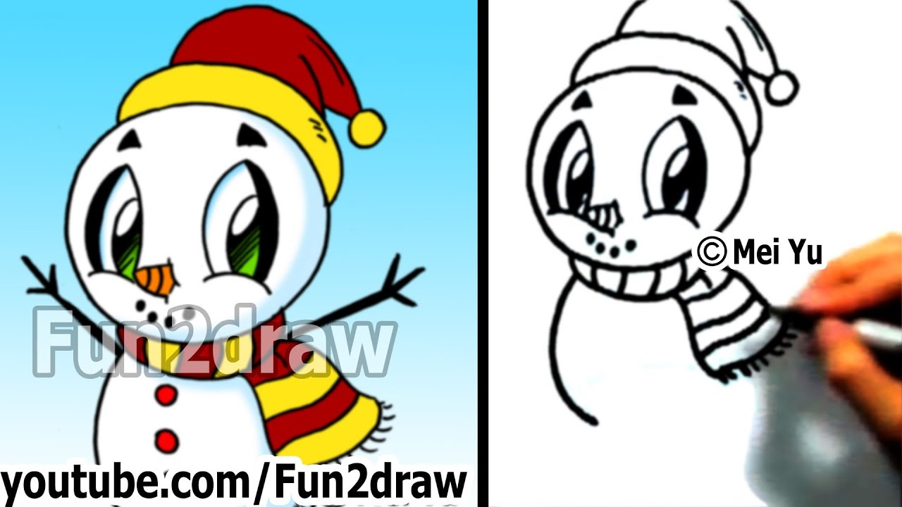 How To Draw A Cartoon Snowman Cute Art Drawing Lessons Fun2draw Online Cartoon Classes Youtube