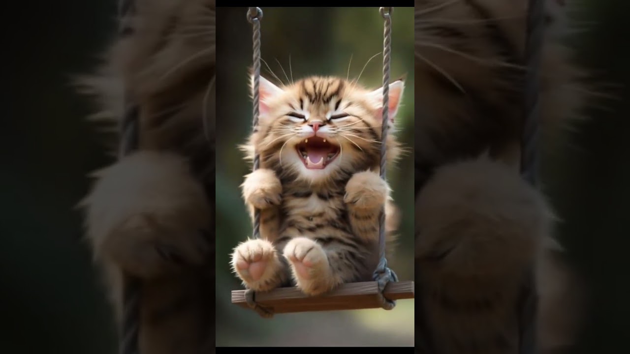 A playful, cute cat swings joyfully with a big, happy smile on its face. 