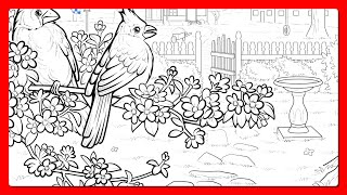 Garden with Pink Flowers Cardinal Birds Zen Color by Number #coloringbook screenshot 1