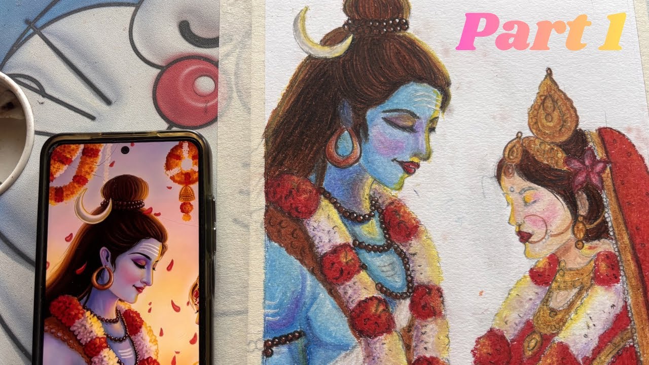 Mahadev and mata parvati drawing,oil pastel drawing,step by step. 