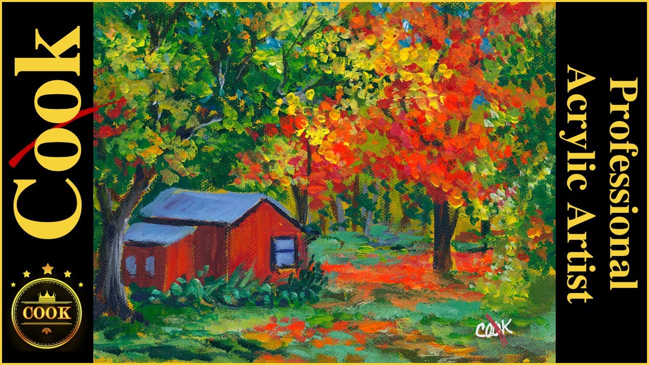 How to Paint an Old House among Bright Colored Fall Trees in Acrylics
