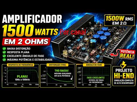 Simulação Completa de Amplificador 1500W RMS em 2 Ohms | Baixíssima Distorção e Excelente Fase