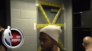 😂 Chris Paul plays dumb on Rockets taping locker room door with caution tape 😂 | NBA on ESPN