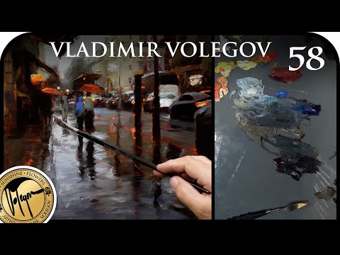 Rain in London. City landscape. Brush Oil Painting, Palette Knife. Painter Vladimir Volegov