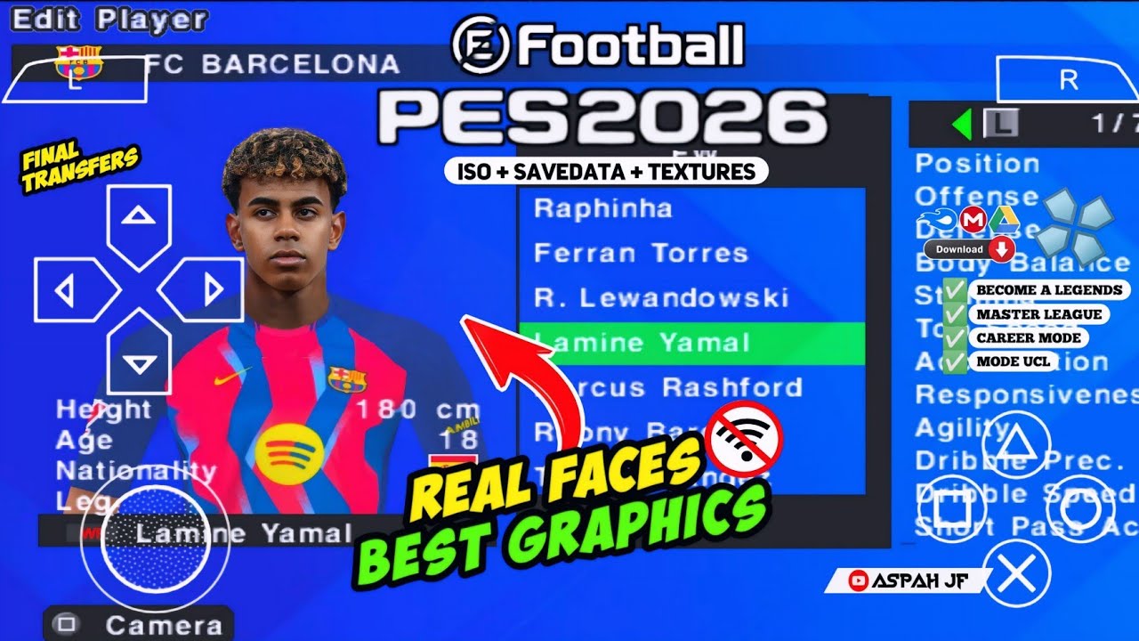 eFootball PES 2026 PPSSPP Android Offline Full Update UCL & League Kits 25/26 Season 4k Graphics