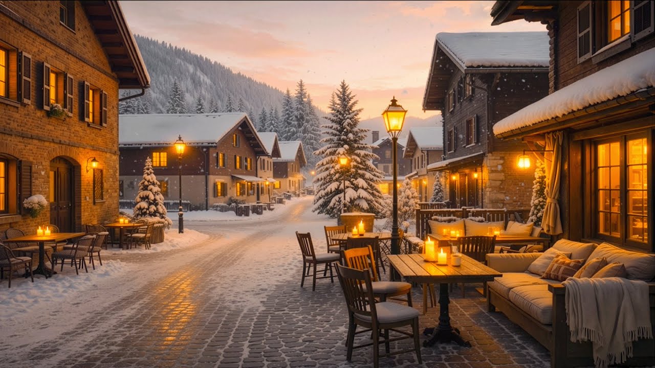 Cozy Alpine Village Sunset ❄️ Snowy Jazz & Lantern Glow Ambience