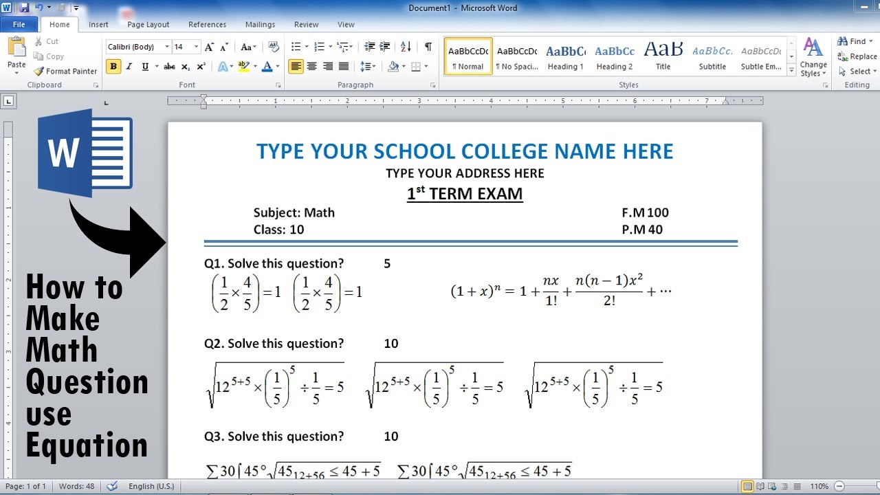 How To Make Math Question In Ms Word Using Microsoft Equation | Type Math Question | Word Tutorial