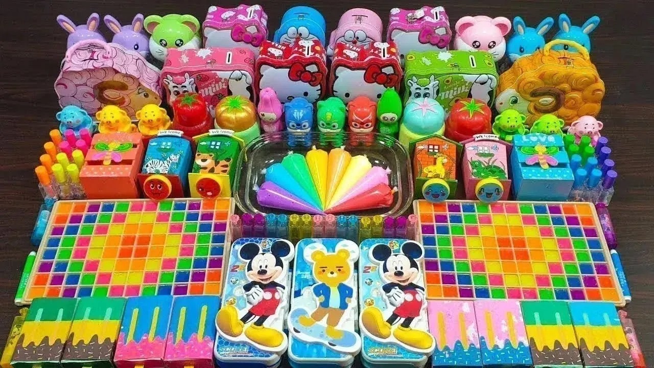 Rainbow slime ! Mixing random things into glossy slime ! Satisfying slime videos !!!