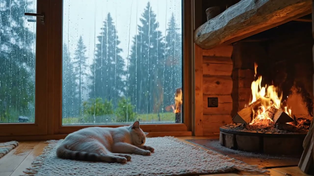 🌧️Cozy Rainy Cabin for Sleep | Warm Fire & Peaceful Cat Ambience