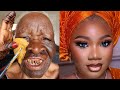 UNBELIEVABLE 😱 She Got Transformed👆Bridal Gele &amp; Makeup Transformation I Makeup Tutorial ✂️💉🔥😳