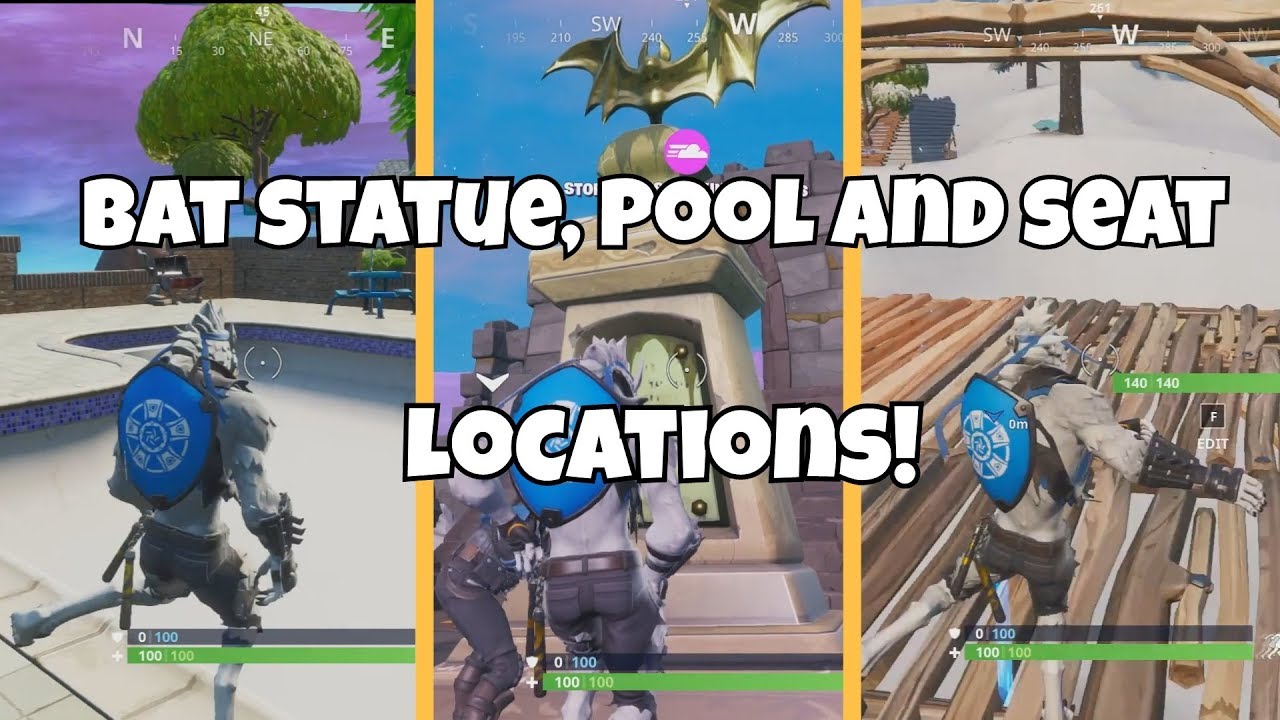Dance in front of a Bat Statue in a way above-ground Pool and on a seat for Giants Location Fortnite