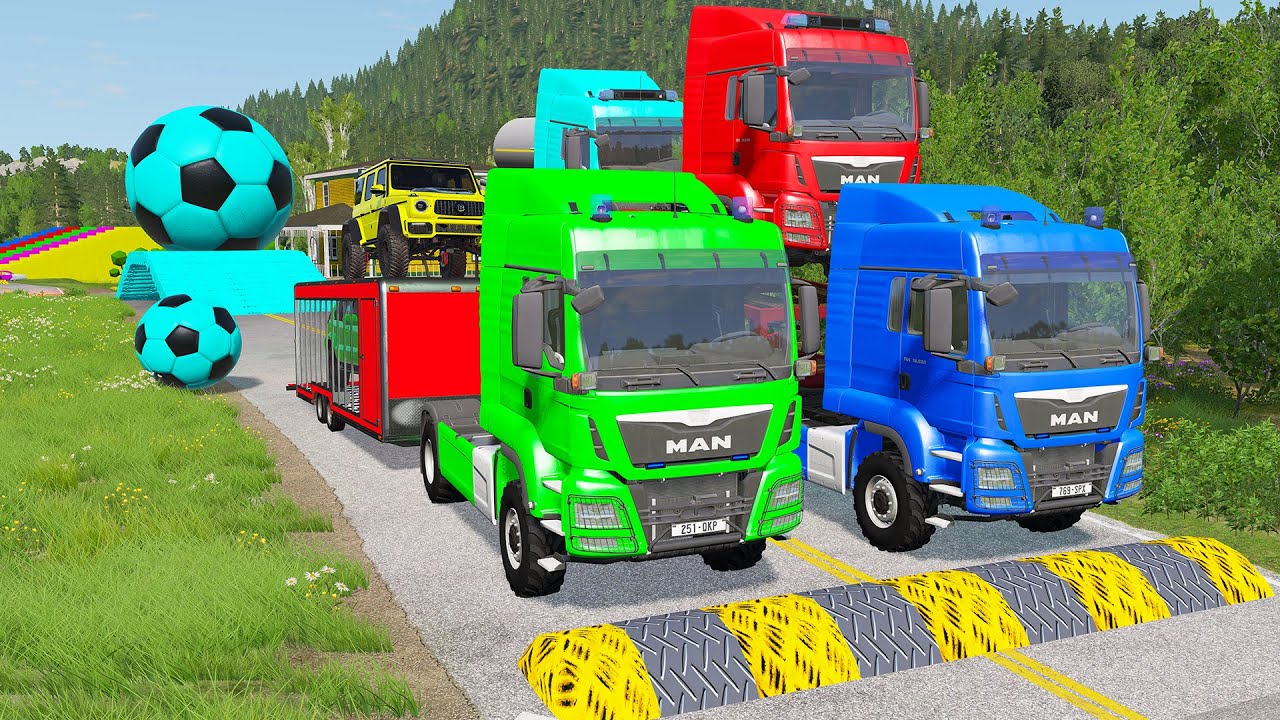 Двойной прицеп-платформа против «лежачих полицейских» Поезд против машин | Тягач против поезда Be...