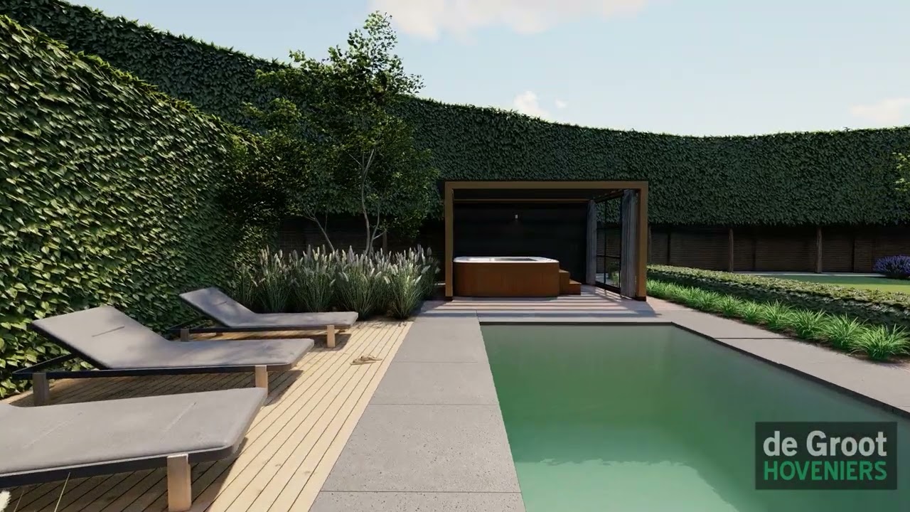 912 | De Groot Hoveniers | 3D Tuinontwerp | Achtertuin met plungepool, spa en buitenverblijf